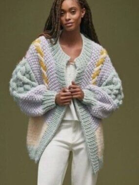 Anthropologie Vicky Knits Pastel Patchwork Cardigan Oversized Wool Chunky